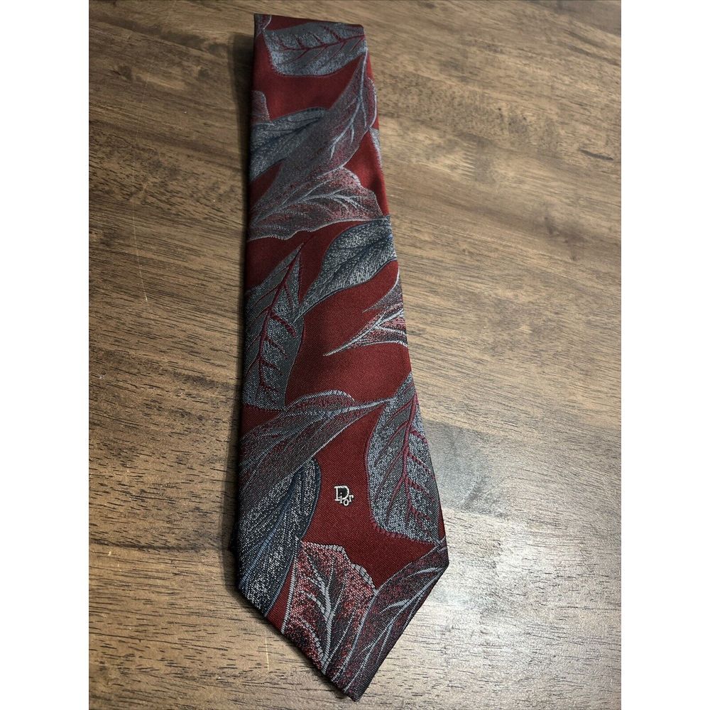 Vintage Christian Dior Monsieur‎ Tie Men's Floral Leaf Embroidered Logo Red